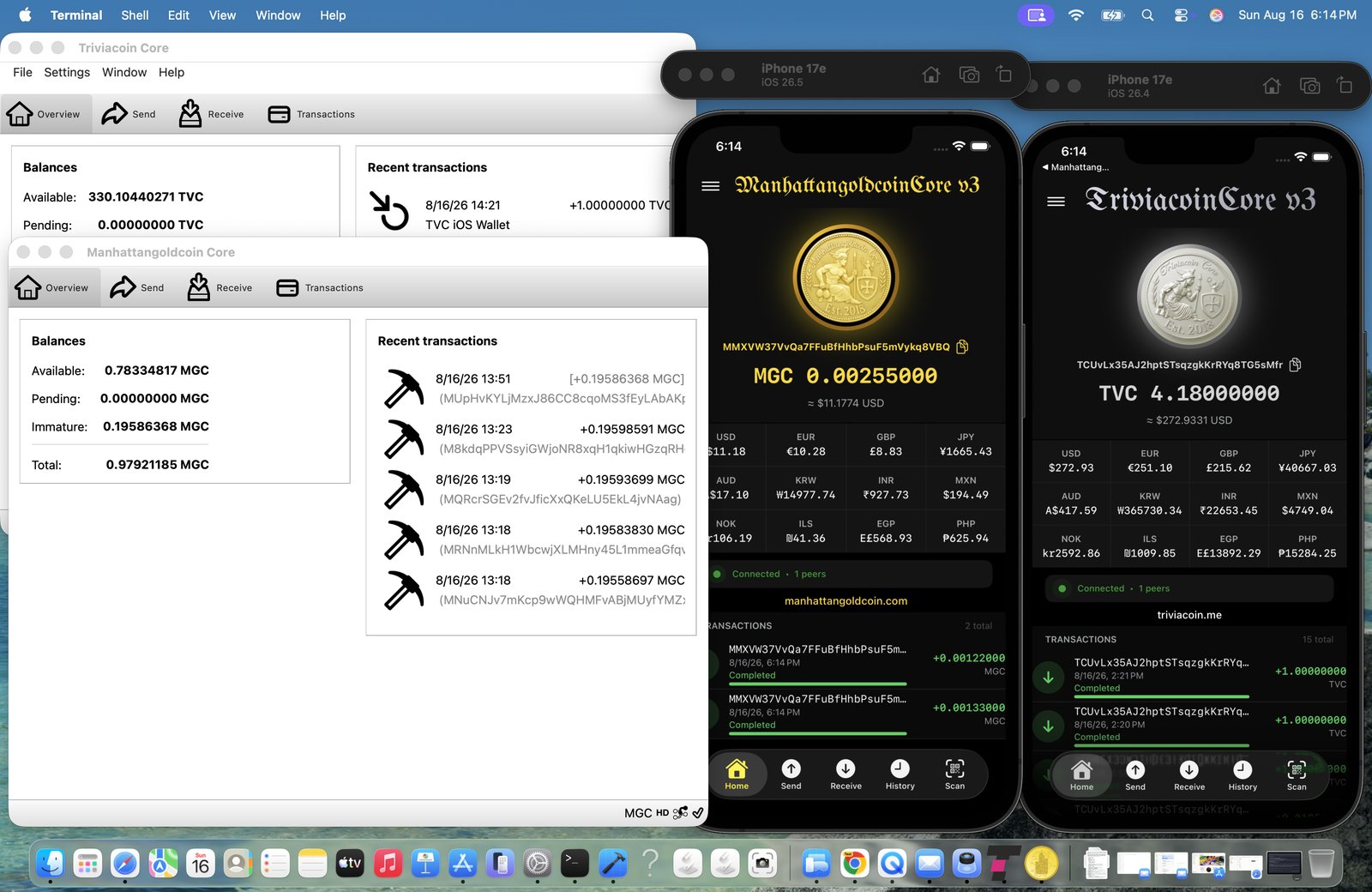 Manhattan Gold Coin and Trivia Coin wallets running together on desktop and iOS