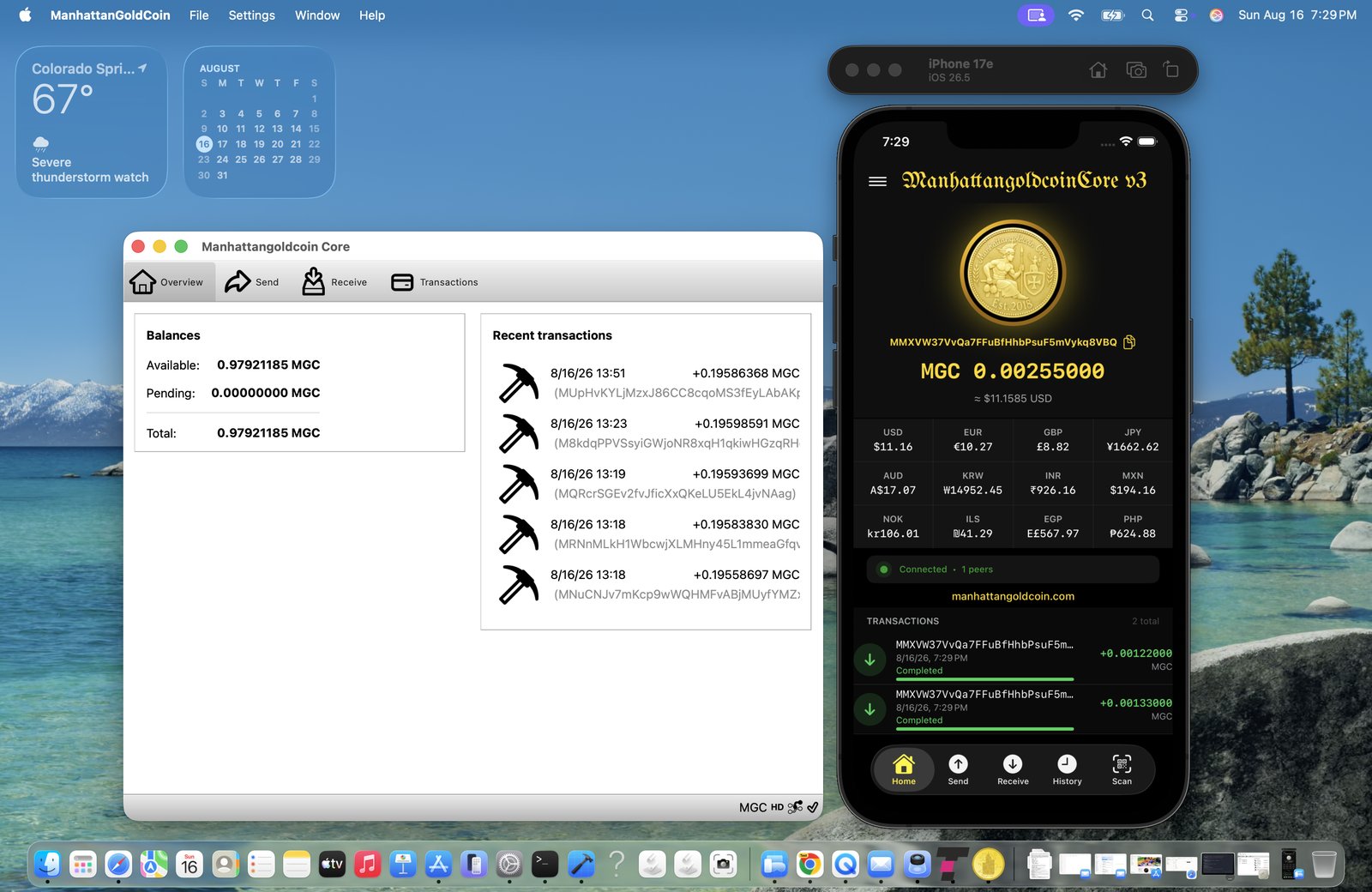 Manhattan Gold Coin desktop wallet and iOS app showing balances and recent mining transactions